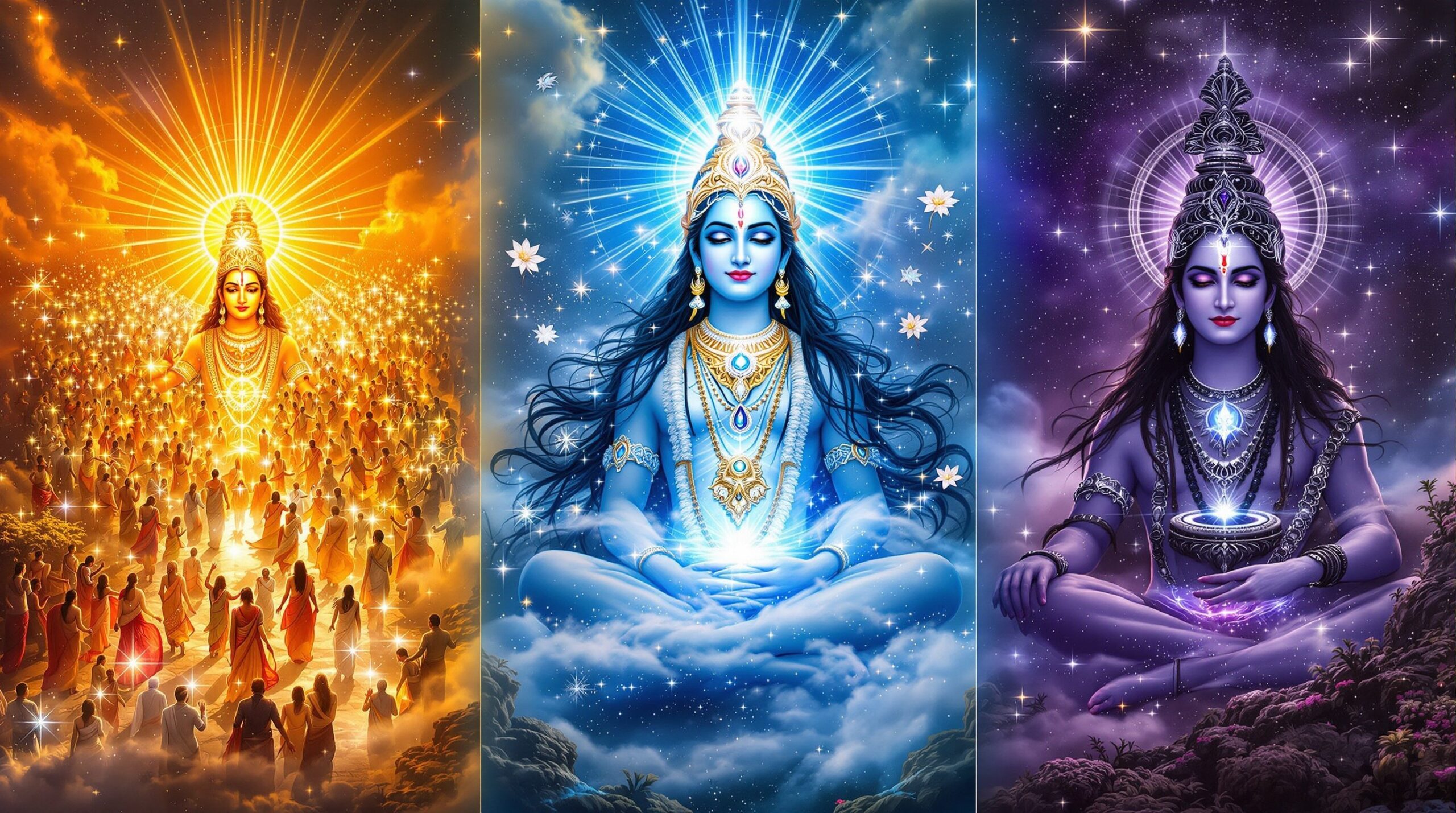 Three Divine Processions of Spiritual Evolution - Brahma's glittering party, Vishnu's radiant devotees, and Shiva's ascetic wisdom seekers