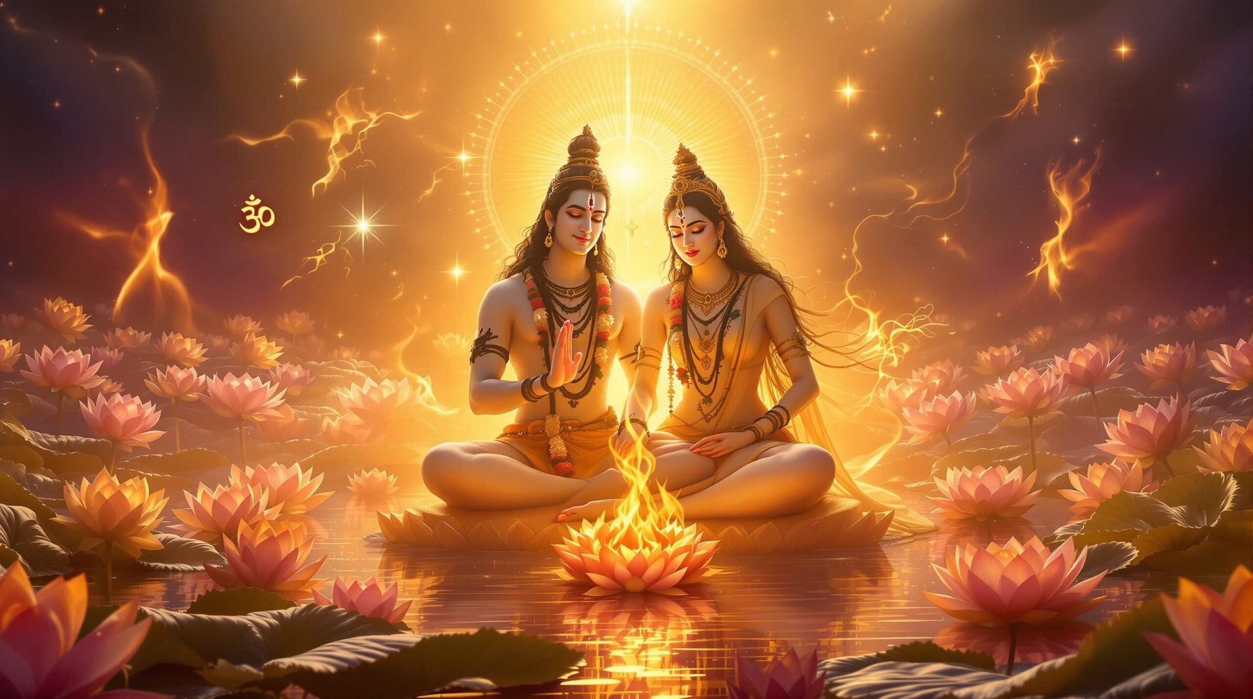 The Sacred Union of Shiva and Parvati - Divine marriage surrounded by lotus flowers and golden light representing consciousness and energy