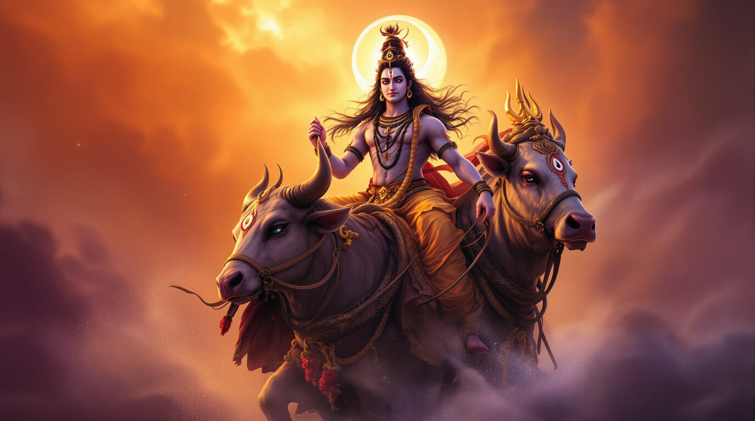 Lord Shiva's Divine Wedding Procession - Majestic scene of Lord Shiva riding sacred bull Nandi, adorned with ashes and serpents in mystical atmosphere