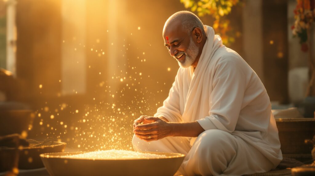 Person performing daily duties with spiritual devotion and mindfulness