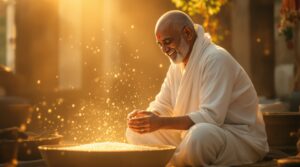 Person performing daily duties with spiritual devotion and mindfulness