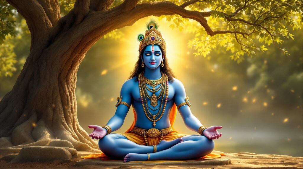 Lord Krishna in meditation teaching pose with divine aura