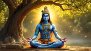 Lord Krishna in meditation teaching pose with divine aura