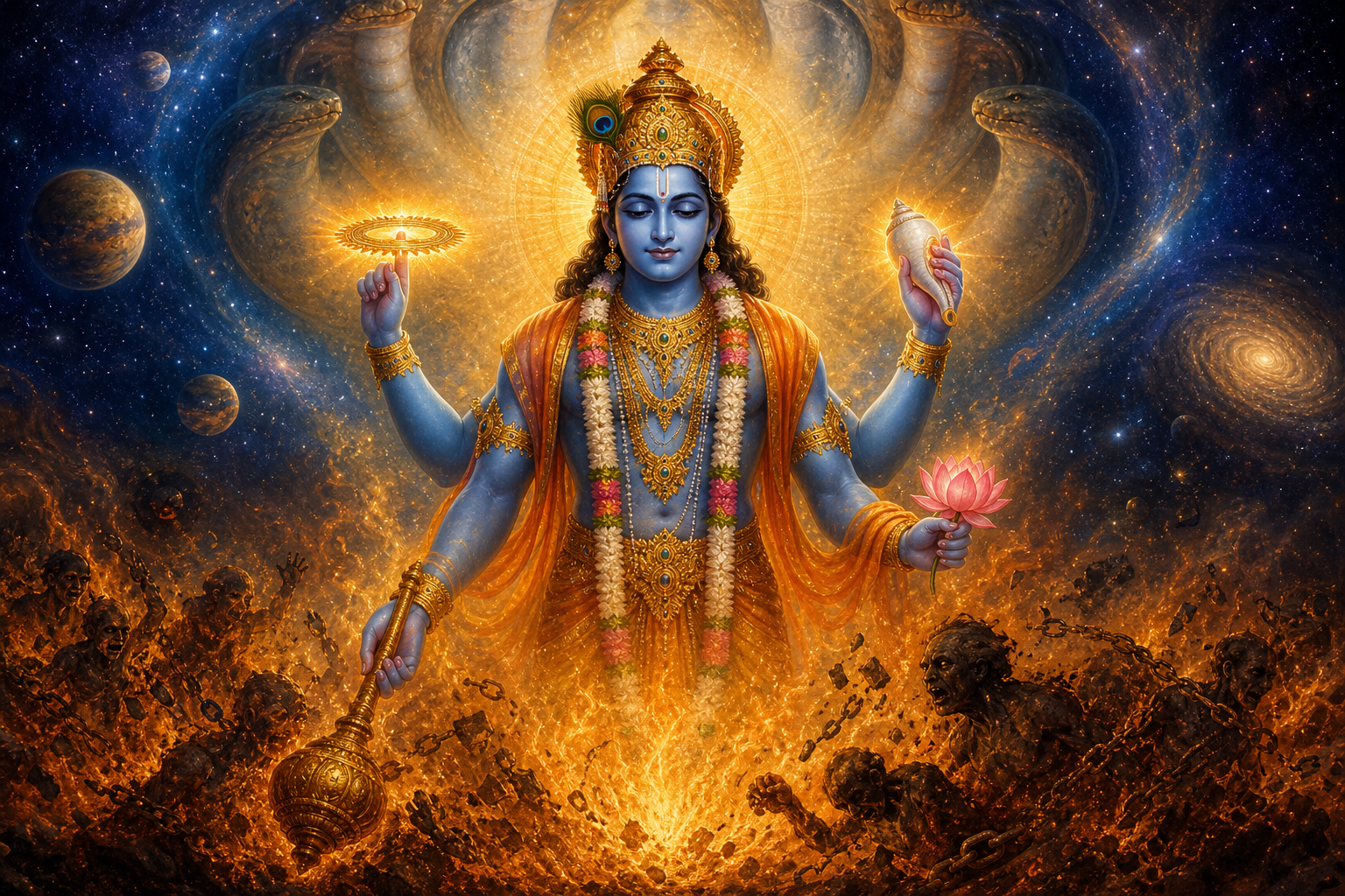 Four-armed Lord Vishnu and the symbolism of the conch, discus, mace, and lotus