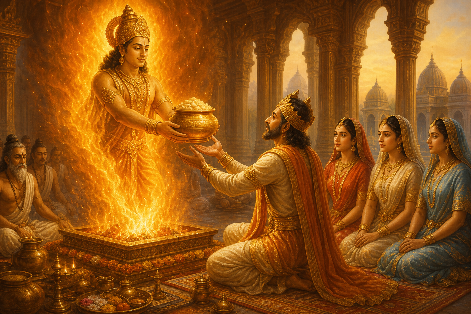 Putrakama Yagya — Agni emerges from the sacred fire with the mystic pudding