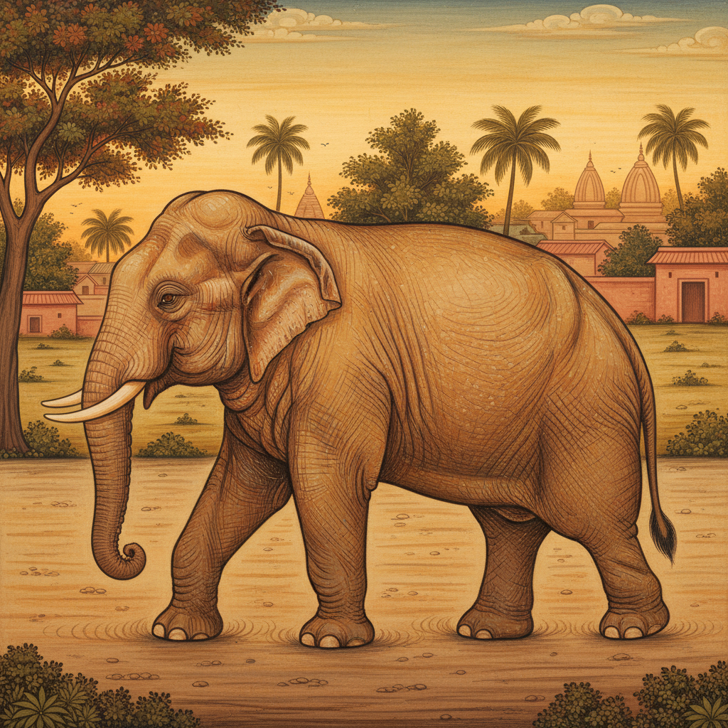 A lone elephant walking calmly along a dawn road