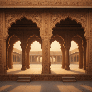 Four arched gateways of a classical Indian palace at dawn
