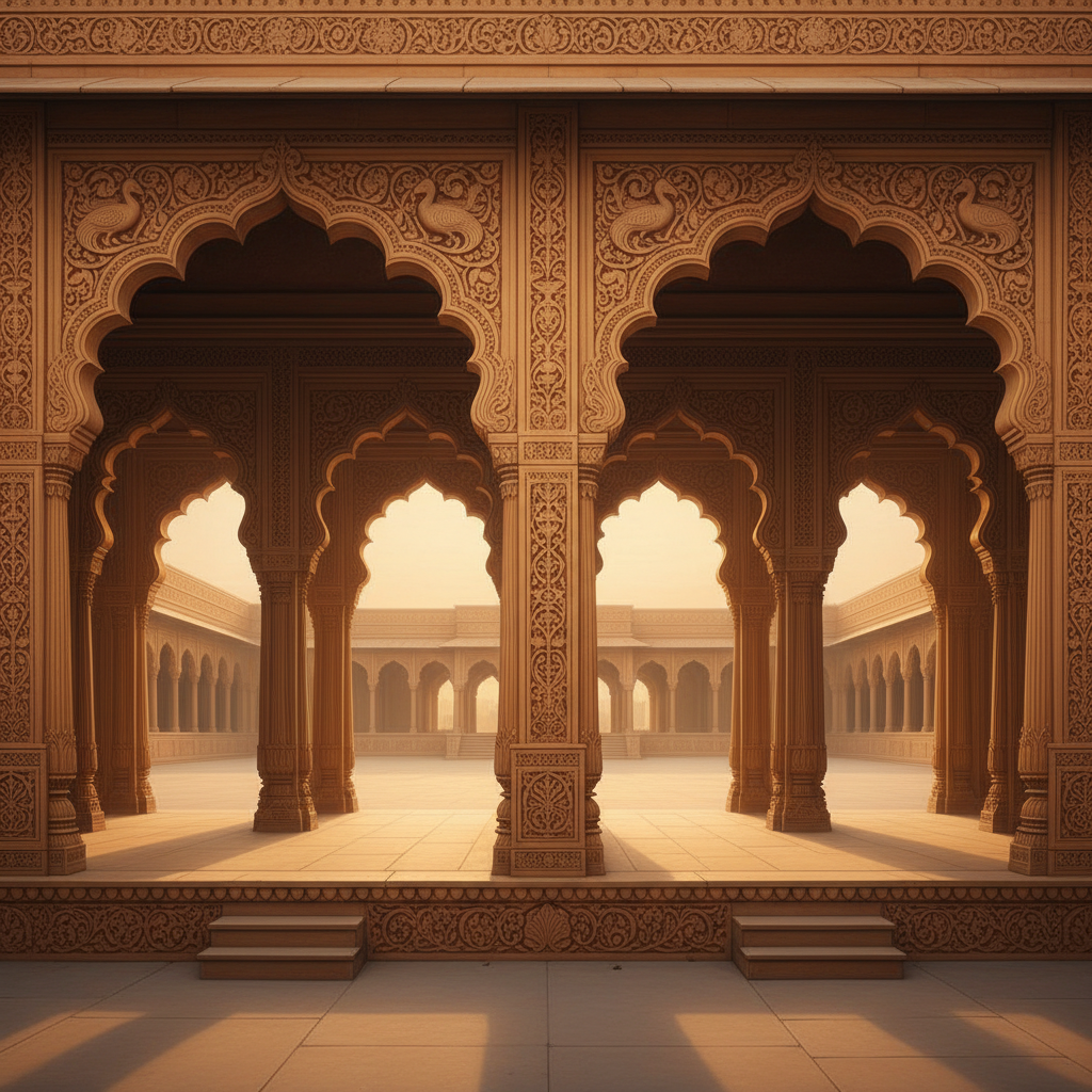 Four arched gateways of a classical Indian palace at dawn