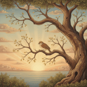 A small bird on a bare branch at dawn, wings not yet grown, open sky beyond.