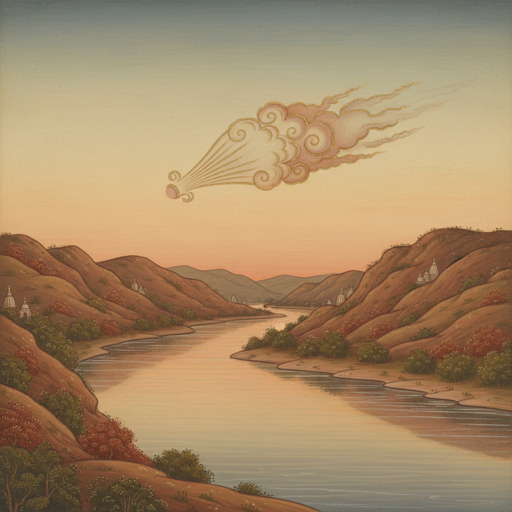 A single cloud drawn apart by the wind above a still river valley at dawn.
