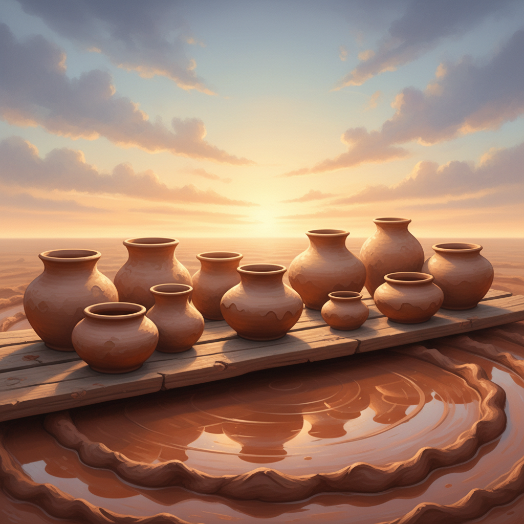 Clay pots of many shapes drying beside the single bed of clay they were drawn from